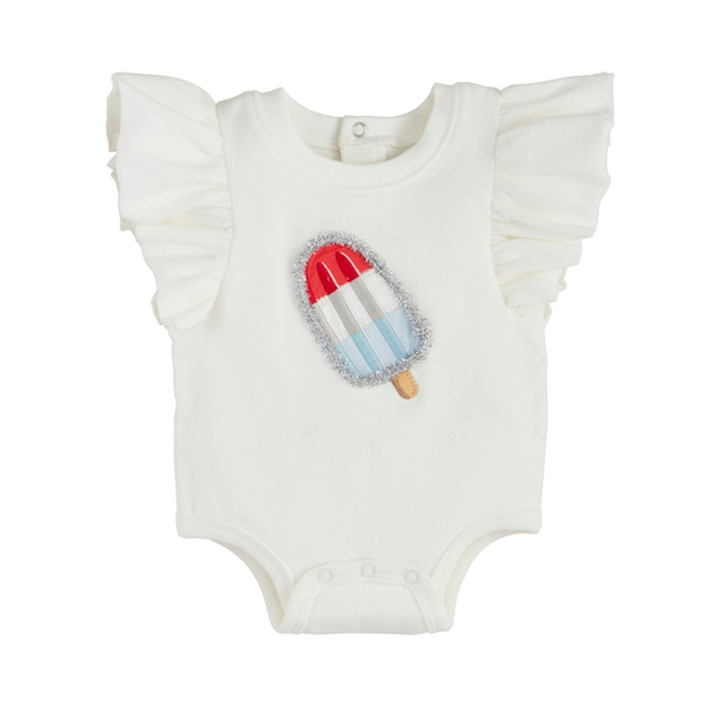 White baby bodysuit with flutter ruffle sleeves and a glittery red, white, and blue popsicle applique in the center.