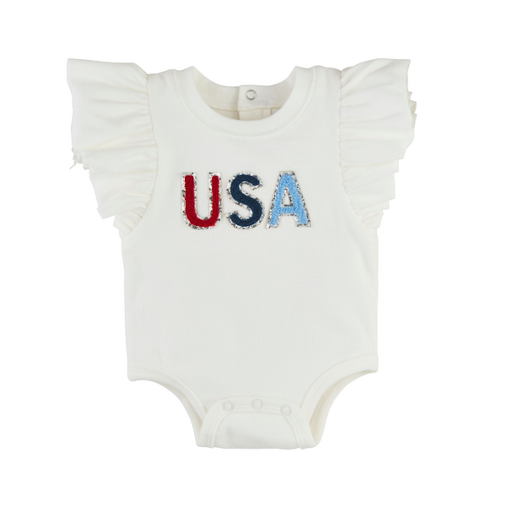 White baby bodysuit featuring ruffled sleeves and a "USA" chenille patch in red, dark blue, and light blue.