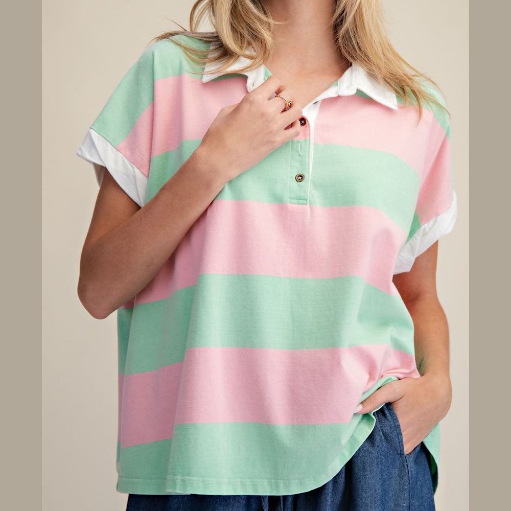 Pink and green rugby stripe washed henley top with a white collar and short sleeves.