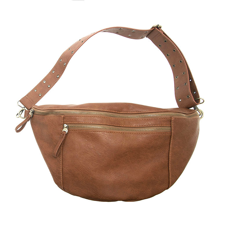 Russet brown leather large sling crossbody bag with double front zippers and a studded adjustable strap.