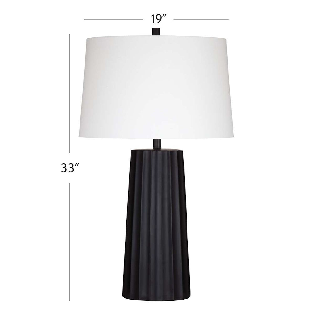 Modern 33-inch tall black fluted table lamp with a 19-inch white drum shade for contemporary home decor.