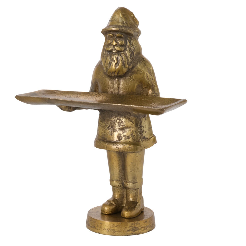 Front view of an antique gold resin Saint Nick dish stand holding a tray.