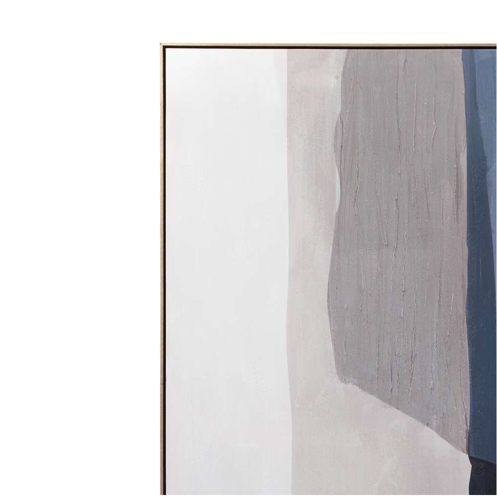 Abstract textured wall art with vertical strokes of white, grey, beige, and blue in a thin gold frame.
