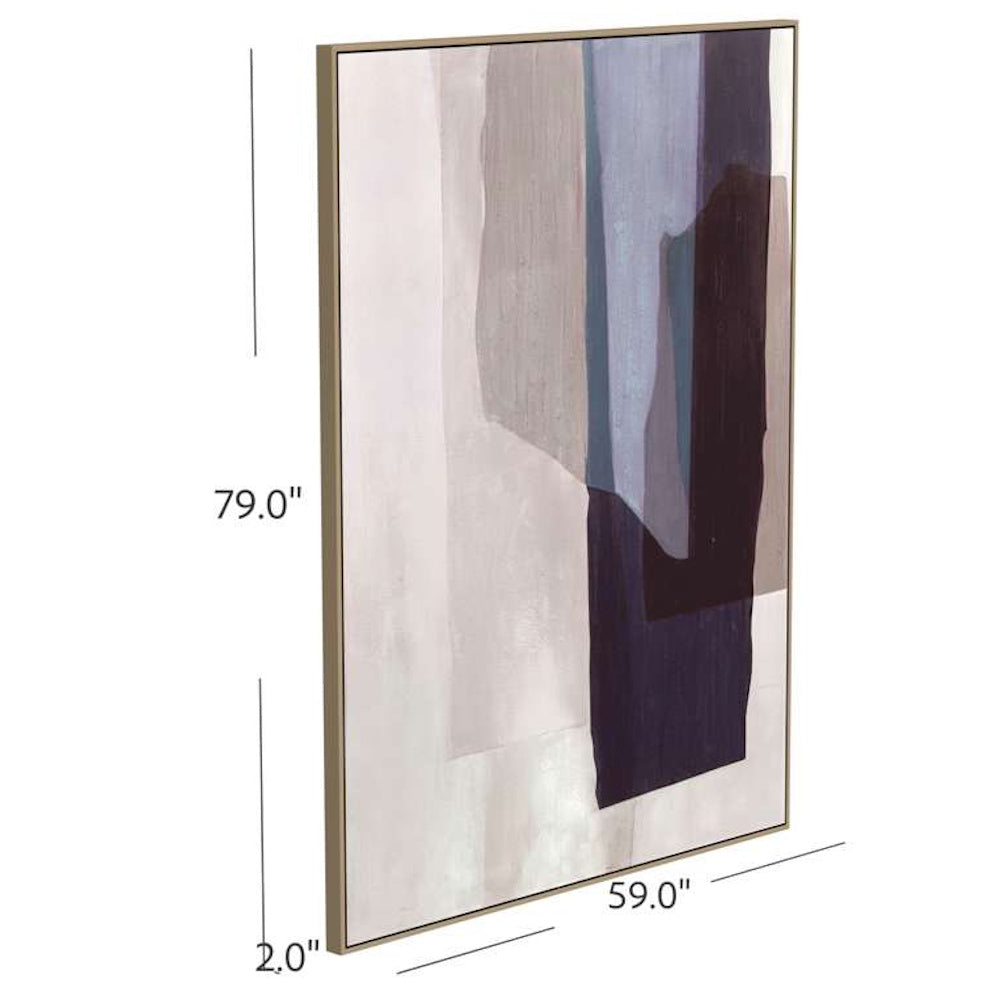 Large abstract wall art with purple and grey shapes. Dimensions: 79" high, 59" wide, 2" deep.