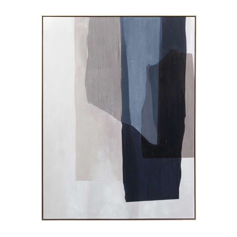 Abstract wall art featuring overlapping vertical blocks in shades of navy, blue, grey, and cream.