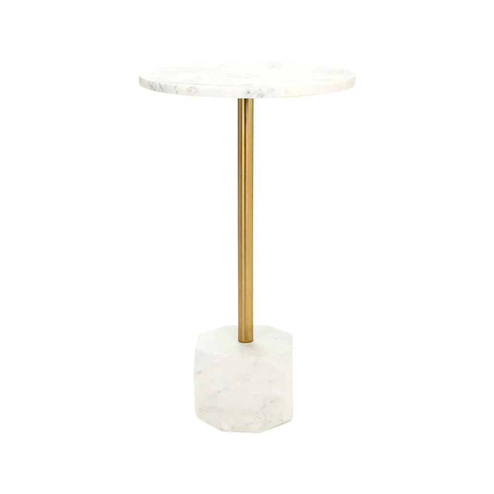 White marble accent table with a round top, a slim gold metal pedestal stem, and a hexagonal marble base.