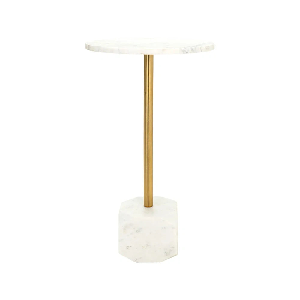 Round table with white marble top and hexagonal base, connected by a slender gold metallic pedestal.