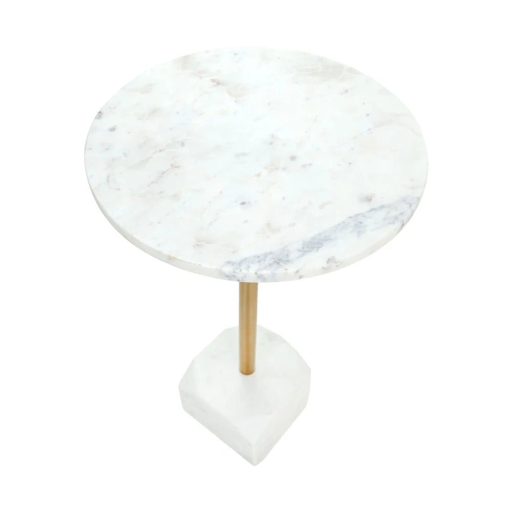 Top-down view of a round white marble accent table with gray veining, a gold stem, and a faceted base.