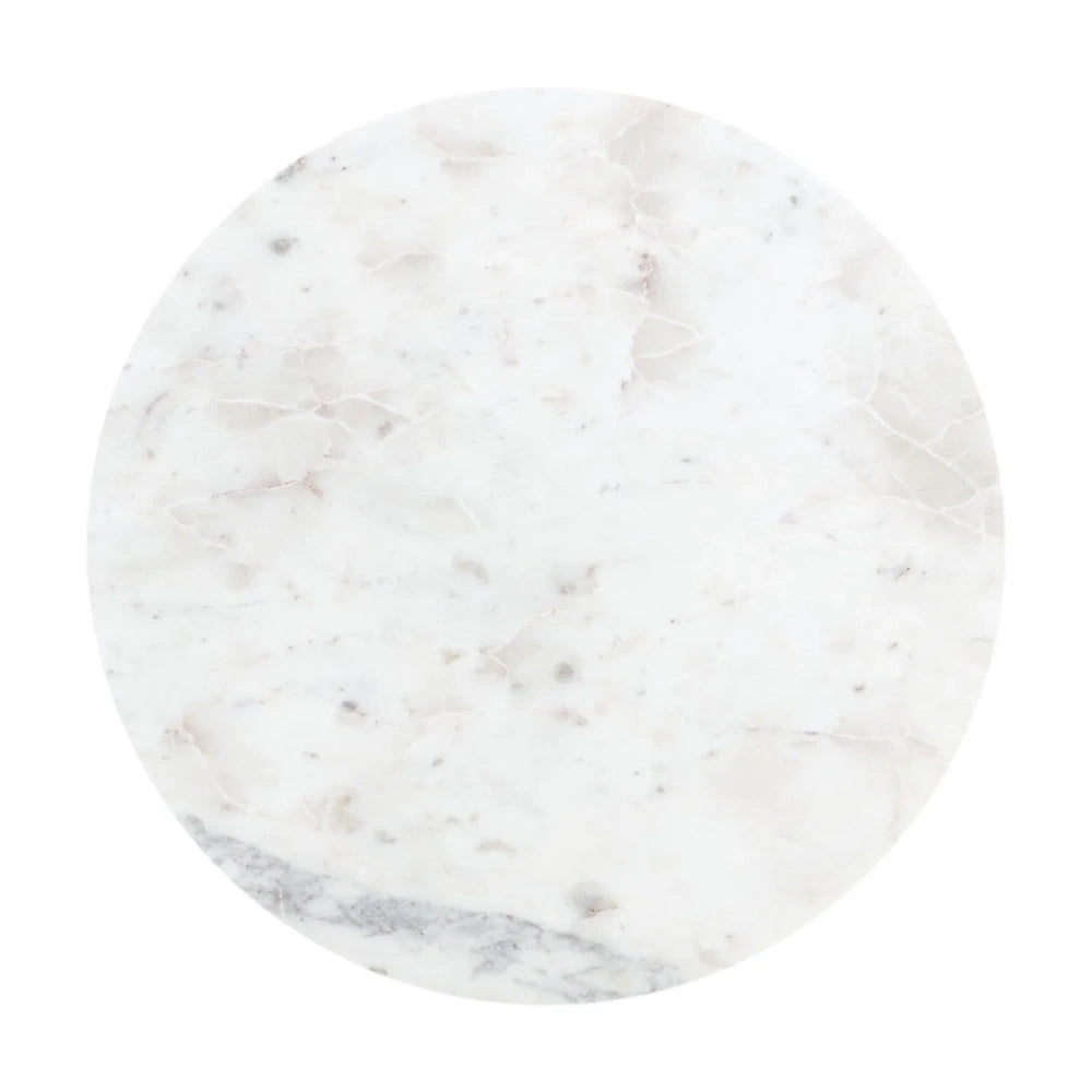 White marble round tabletop featuring light grey and beige veining on a solid white background.