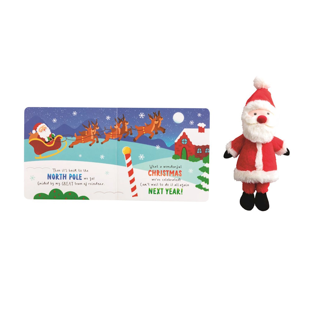 Open Christmas children's board book paired with a plush Santa Claus doll.