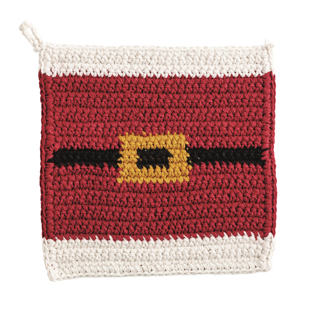 Square red crochet Christmas trivet featuring a Santa suit design with a black belt, gold buckle, and white trim.