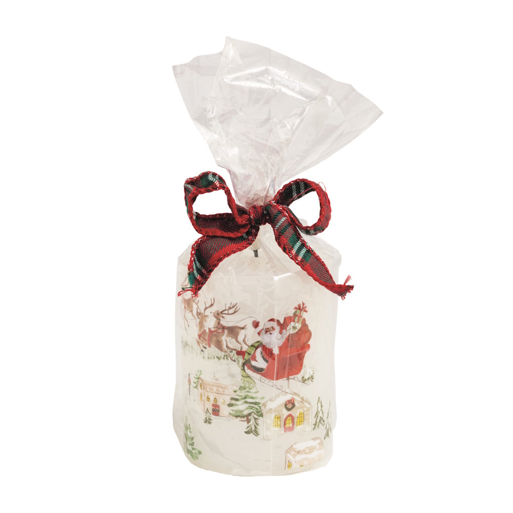 Santa Christmas flameless pillar candle wrapped in clear plastic with a red plaid bow shown from the front.