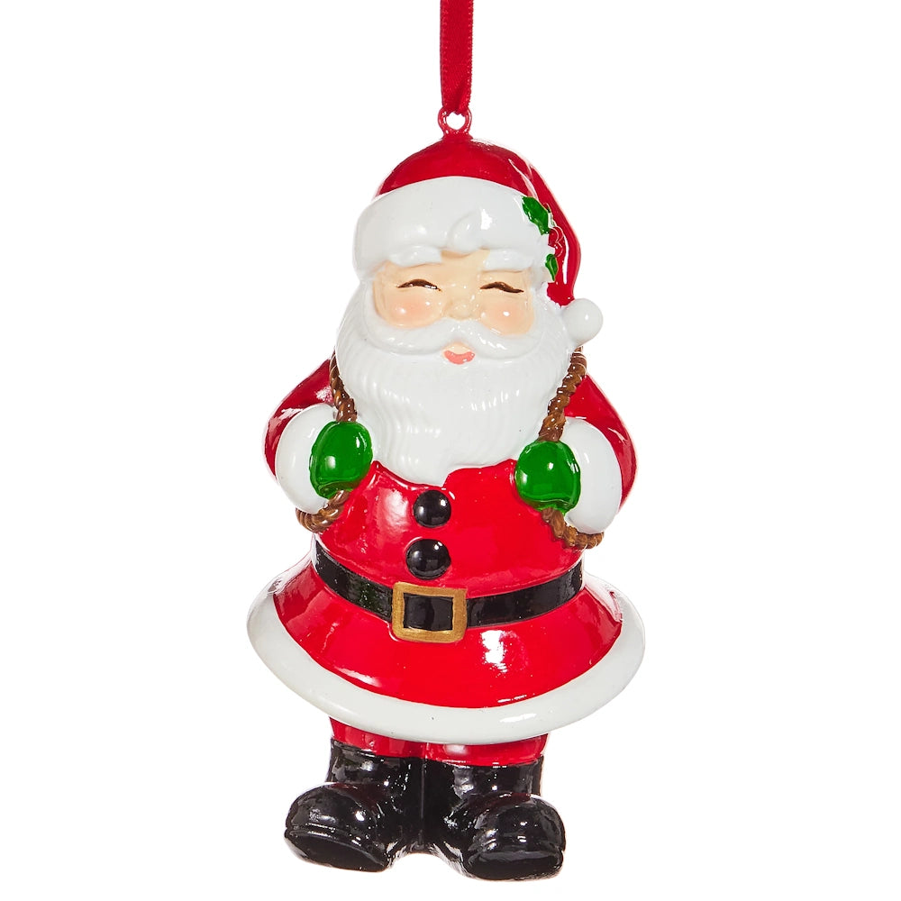 Santa Claus Christmas ornament wearing a red suit with a black belt and green mittens.