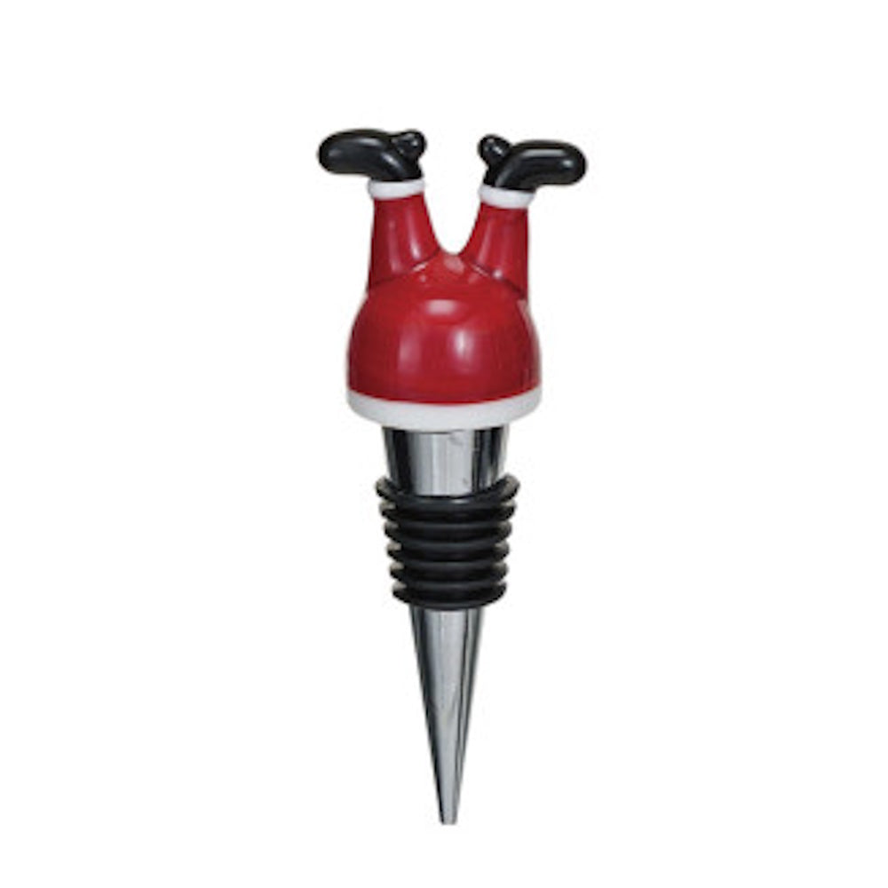 Christmas bottle stopper shaped like Santa's legs sticking down, featuring a ribbed metal and rubber base.