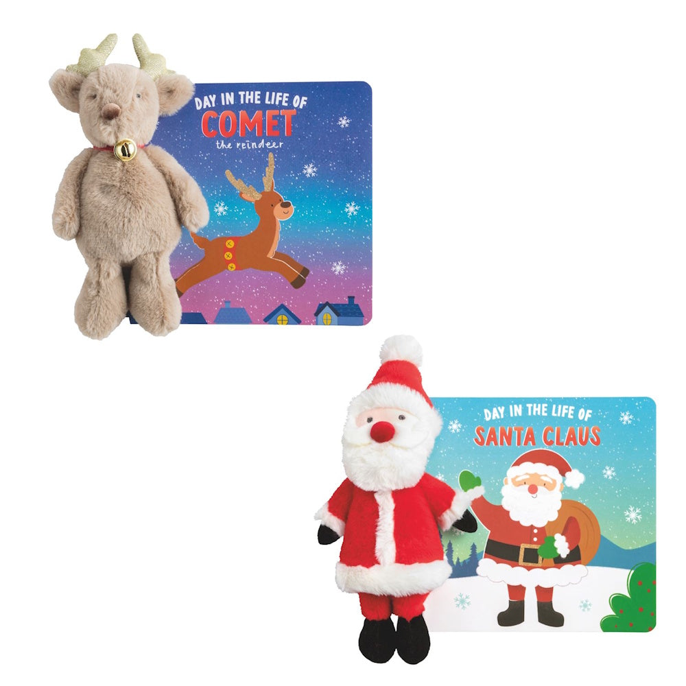 Reindeer and Santa Claus storybooks paired with matching small plush stuffed toys.