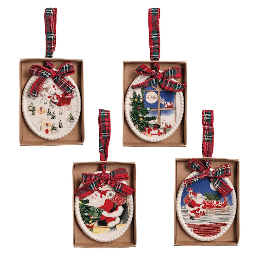 Four oval ceramic ornaments with vintage Santa scenes and plaid ribbon hangers.