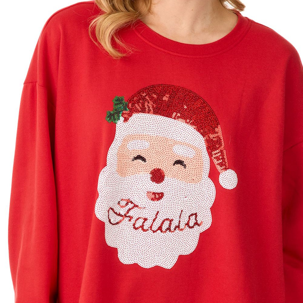Red sweatshirt featuring a sequined Santa Claus with "Falala" embroidered across his beard.