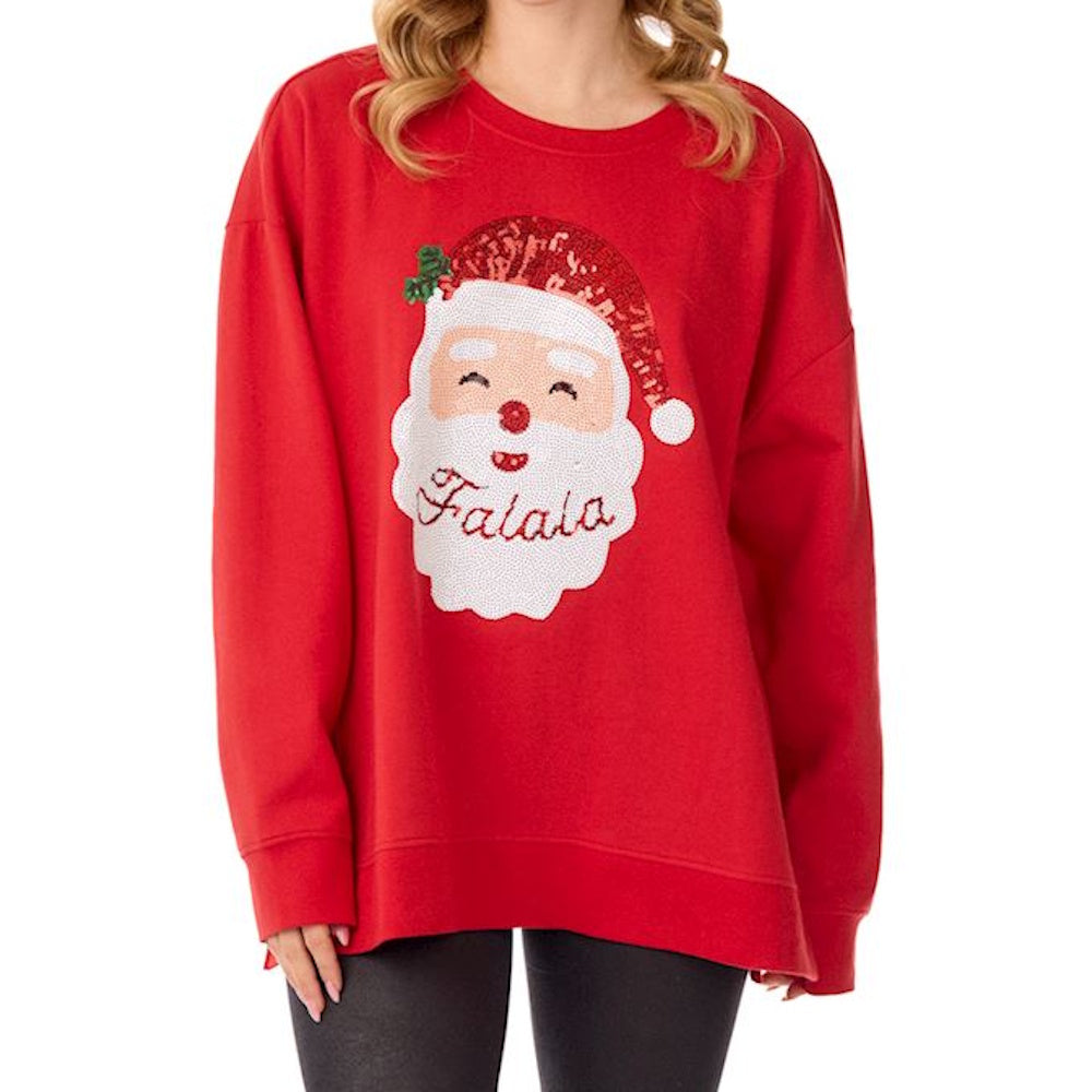 Red sweatshirt featuring a sequined Santa face with "Falala" text on the white beard.