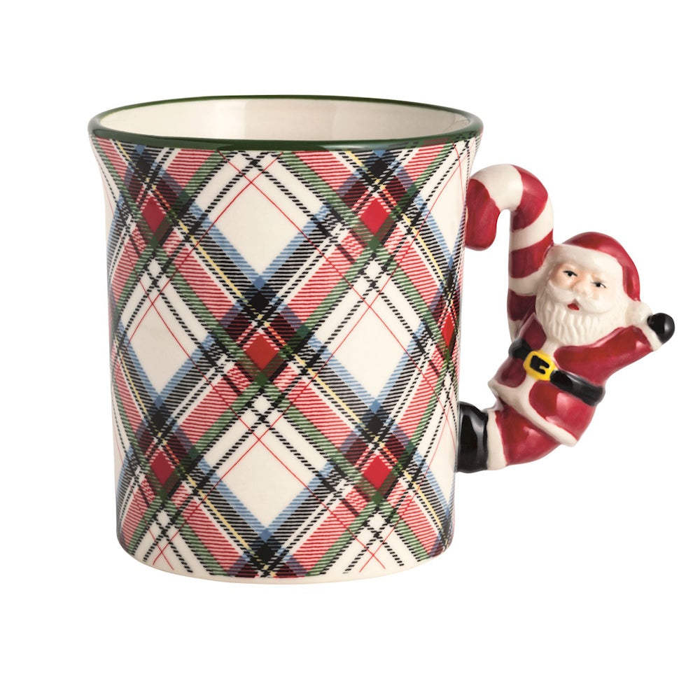 Ceramic holiday mug with a plaid tartan pattern and a 3D Santa Claus figure forming the handle.