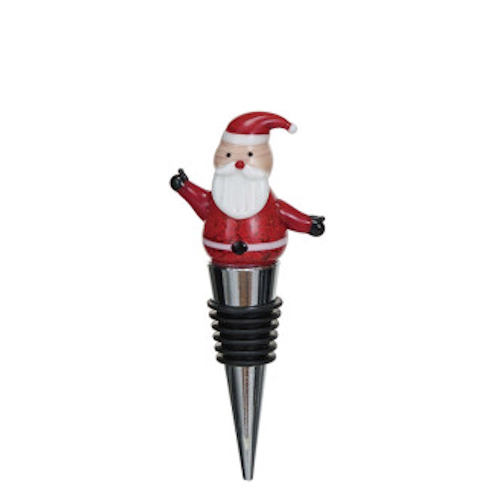 Santa Claus bottle stopper giving a thumbs-up, featuring a ribbed metal and rubber base.