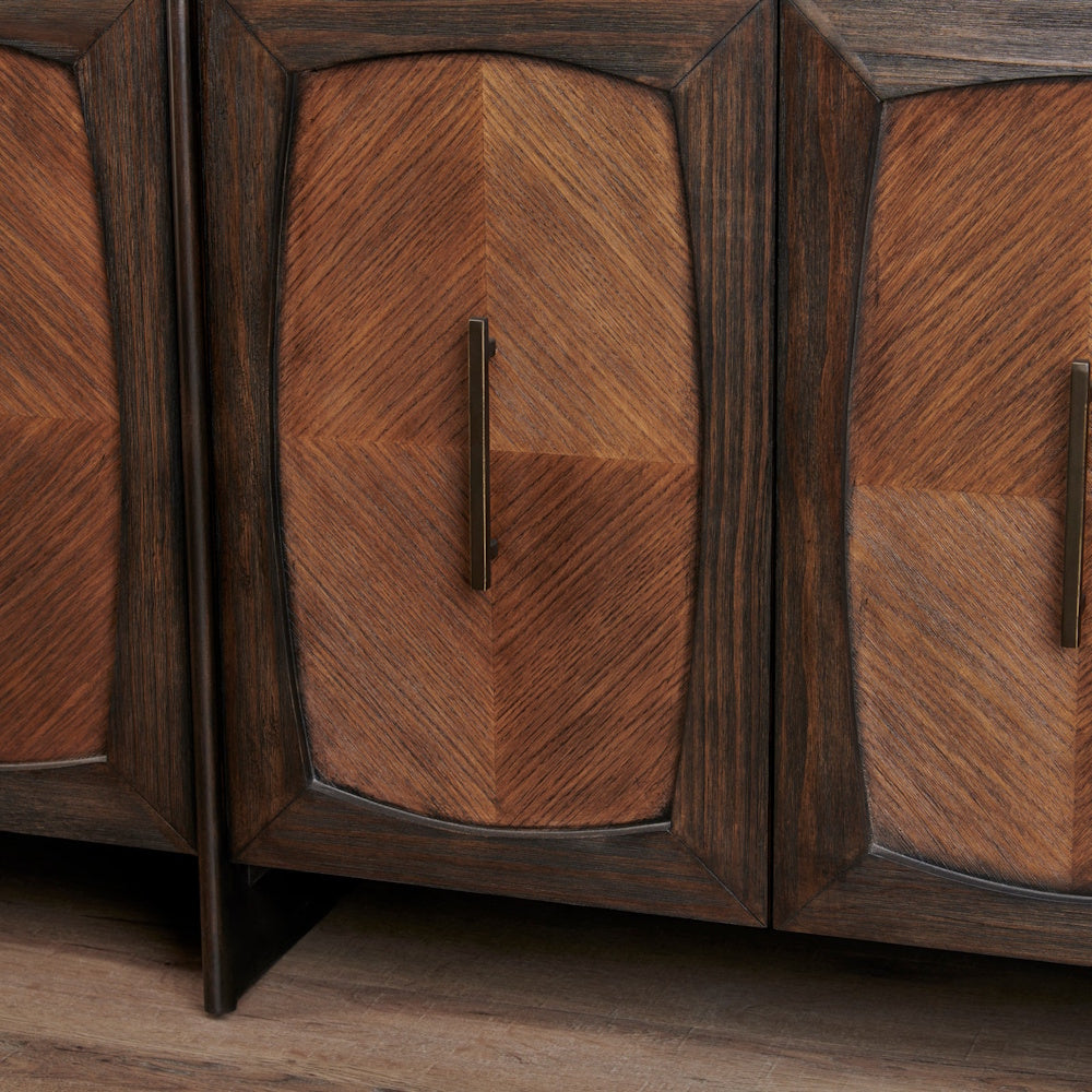 Mid-century modern wood sideboard with geometric parquetry patterns and slim brass hardware handles.