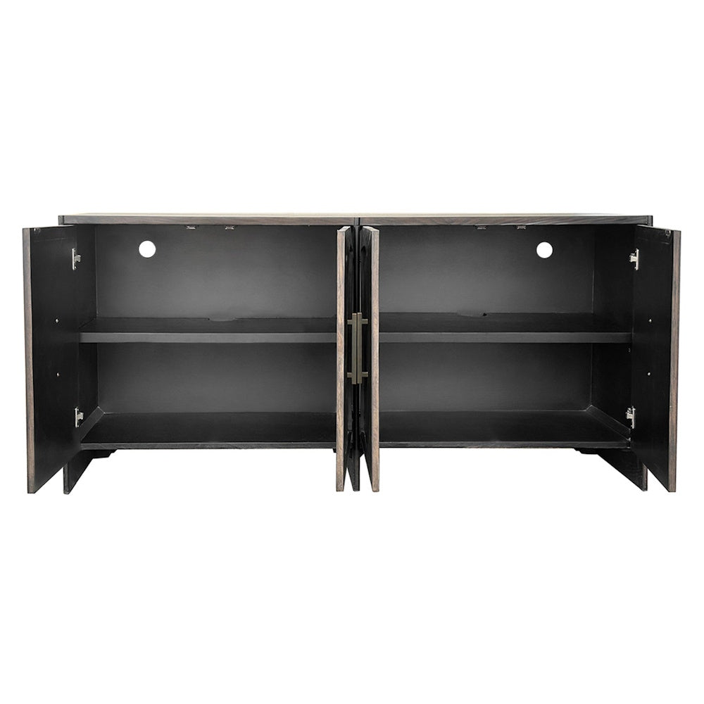 Open mid-century wood sideboard showing interior shelves, dark finish, and cable management holes.