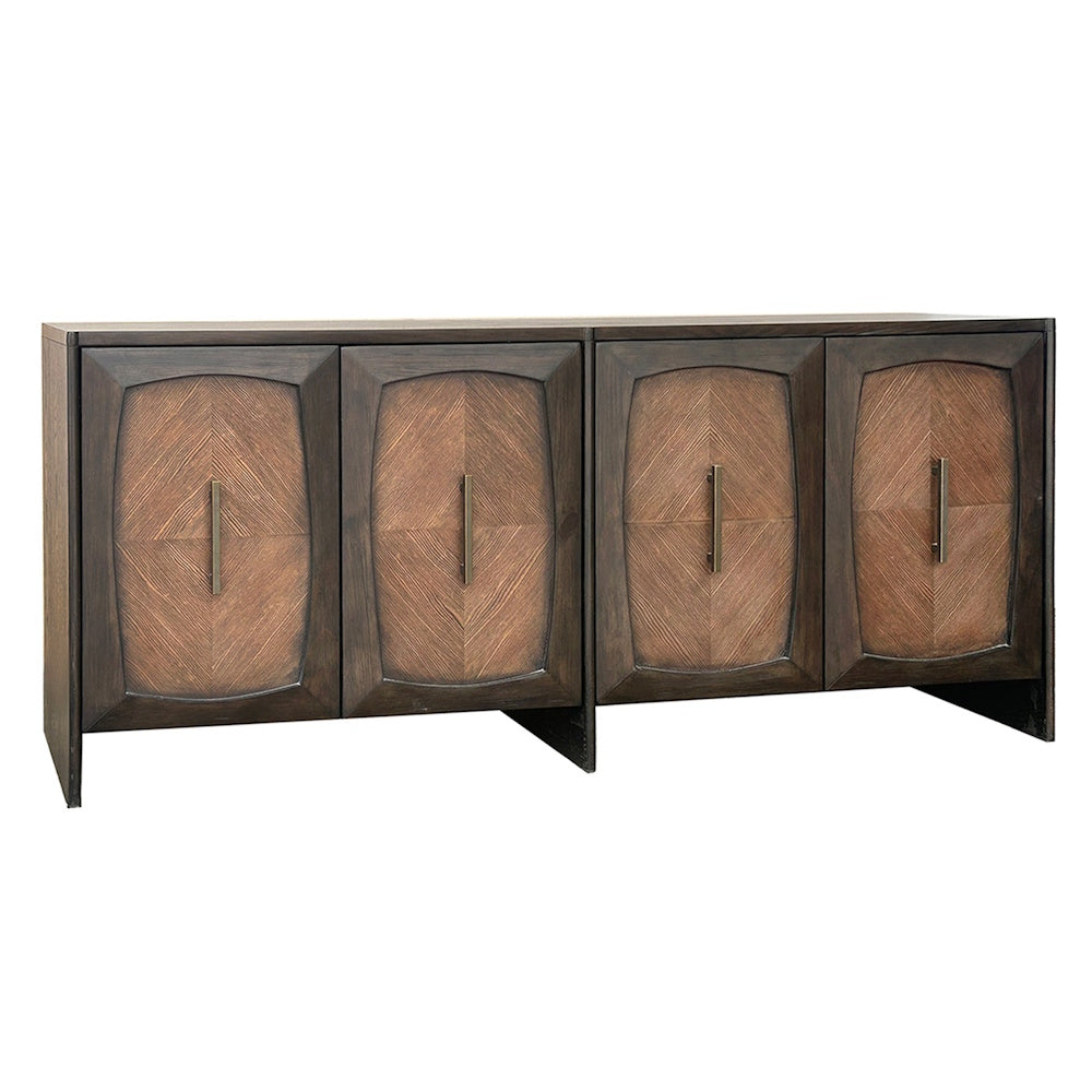 Mid-century modern wood sideboard with four doors featuring diamond-patterned veneers and brass hardware.