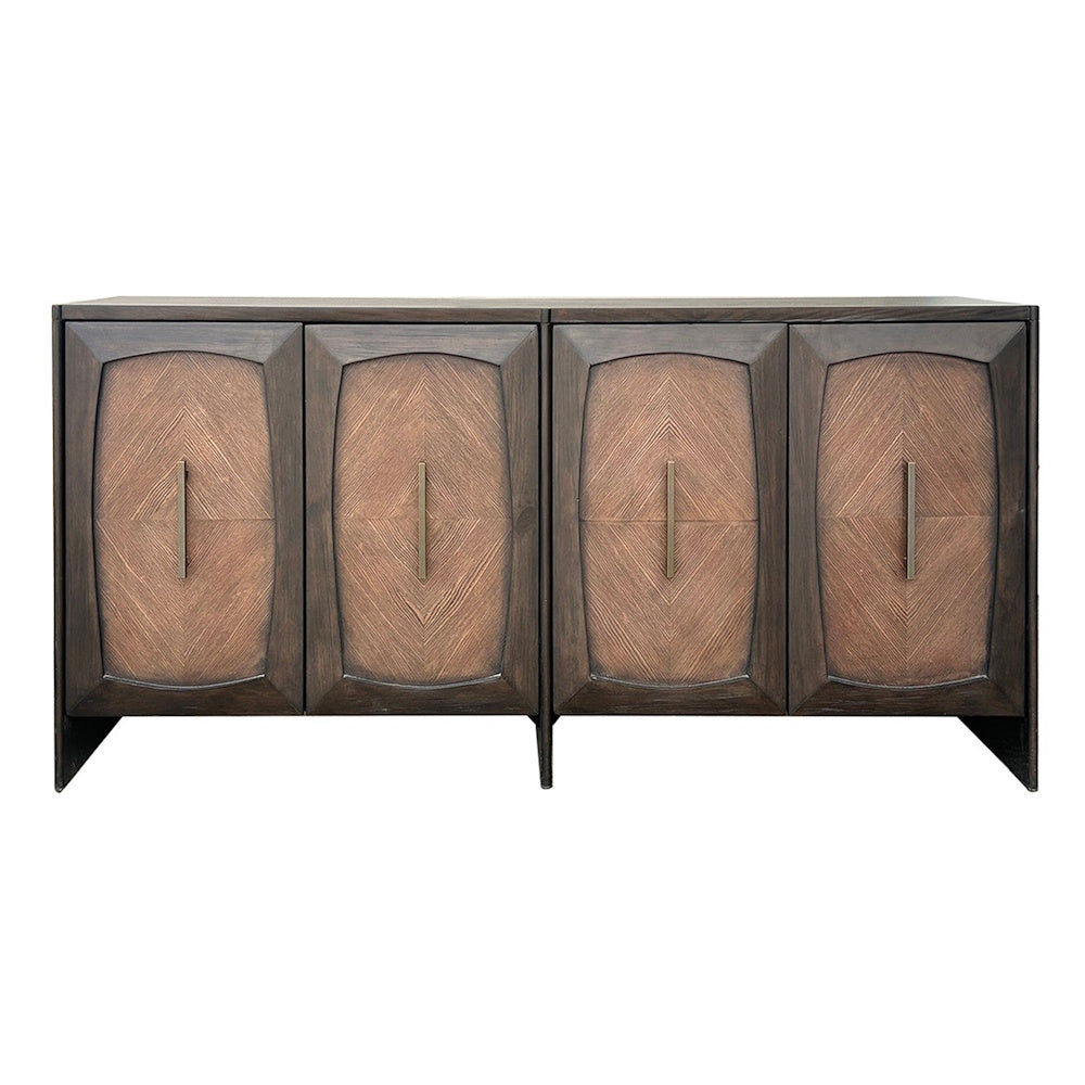 Mid-century modern dark wood sideboard with four textured diamond-patterned doors and slim brass handles.
