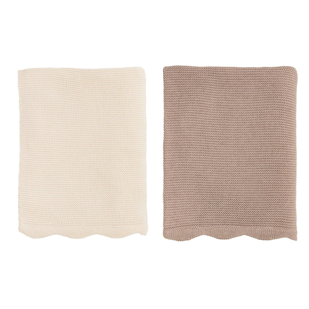 Cream and mauve scalloped edge garter stitch knit throw blankets for nursery or home decor on white background.