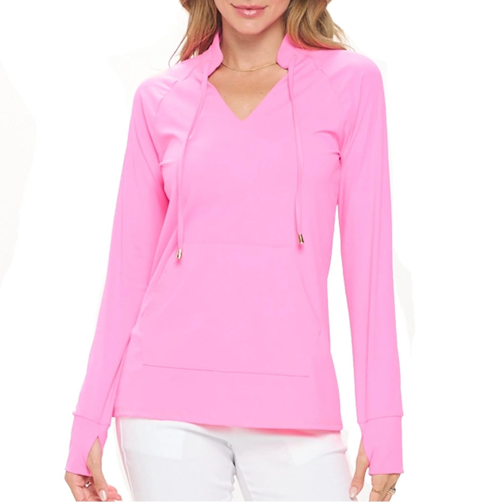 Bright pink long-sleeve V-neck pullover with cuffed thumbhole sleeves and drawstring collar on a woman in white pants.