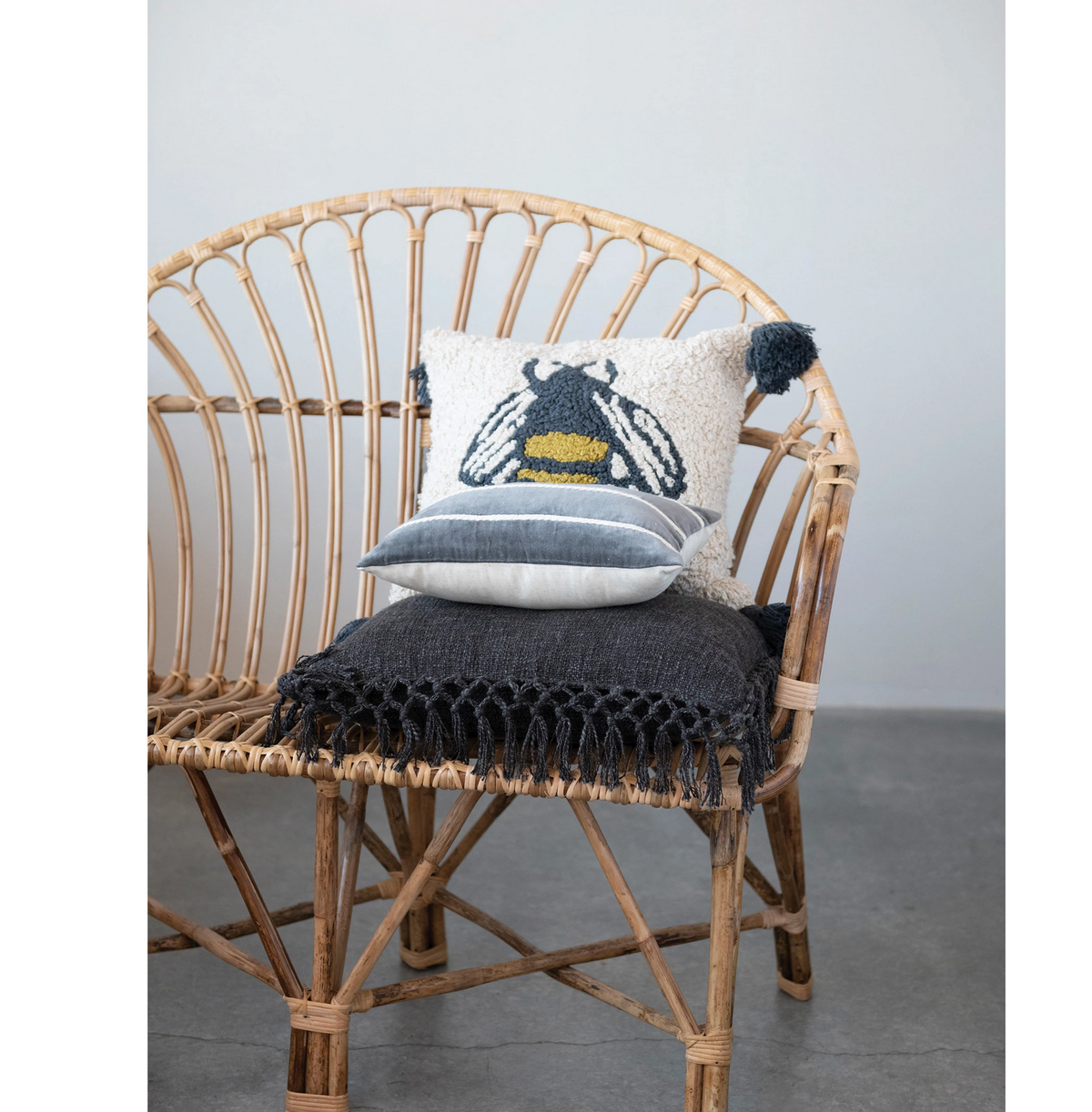 Cotton Slub Pillow with Crochet and Fringe-Black — alternate view 2