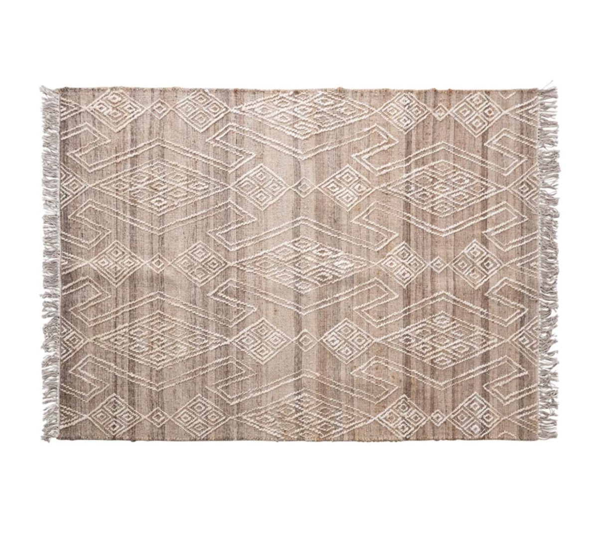 Hand-Woven Jute and Wool Blend Rug with Pattern and Fringe