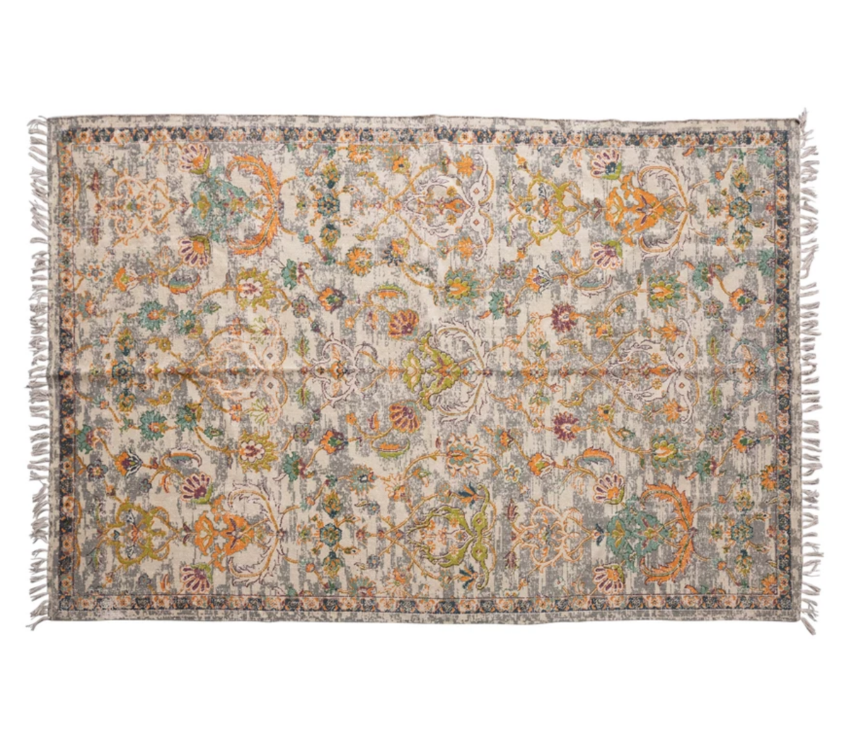 Woven Cotton Distressed Print Dhurrie Rug with Fringe