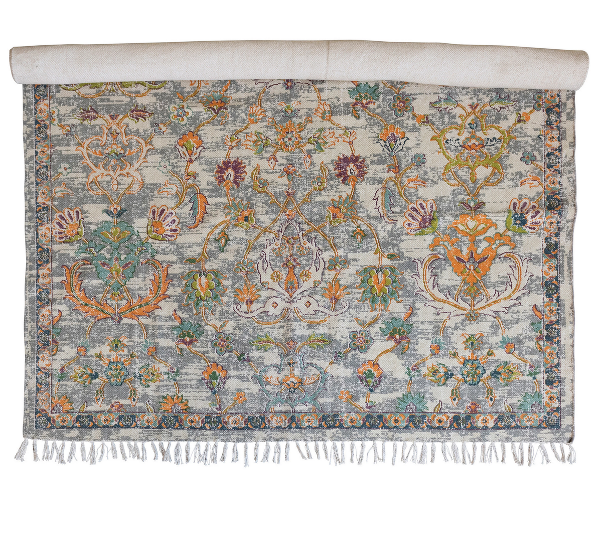Woven Cotton Distressed Print Dhurrie Rug with Fringe — alternate view 2