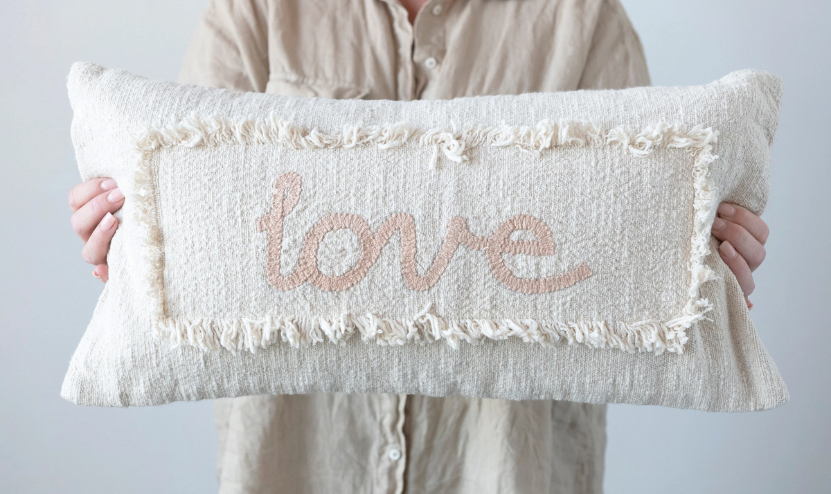 Cotton Embroidered Lumbar Pillow with Eyelash Fringe "Love" — alternate view 2