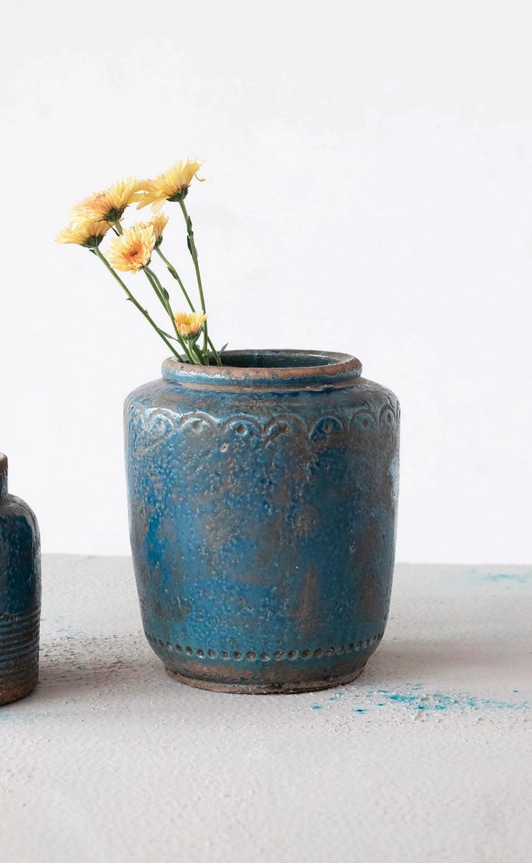 Debossed Terra-cotta Vase, Distressed Blue Finish — alternate view 2
