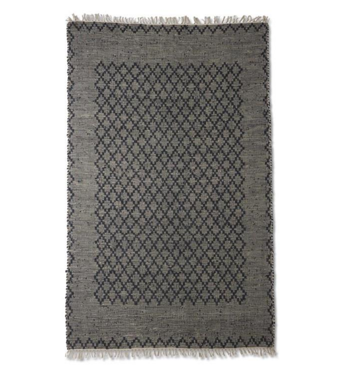 Black Cotton & Leather Shuttle Handwoven Rug w/Fringe (5x8)