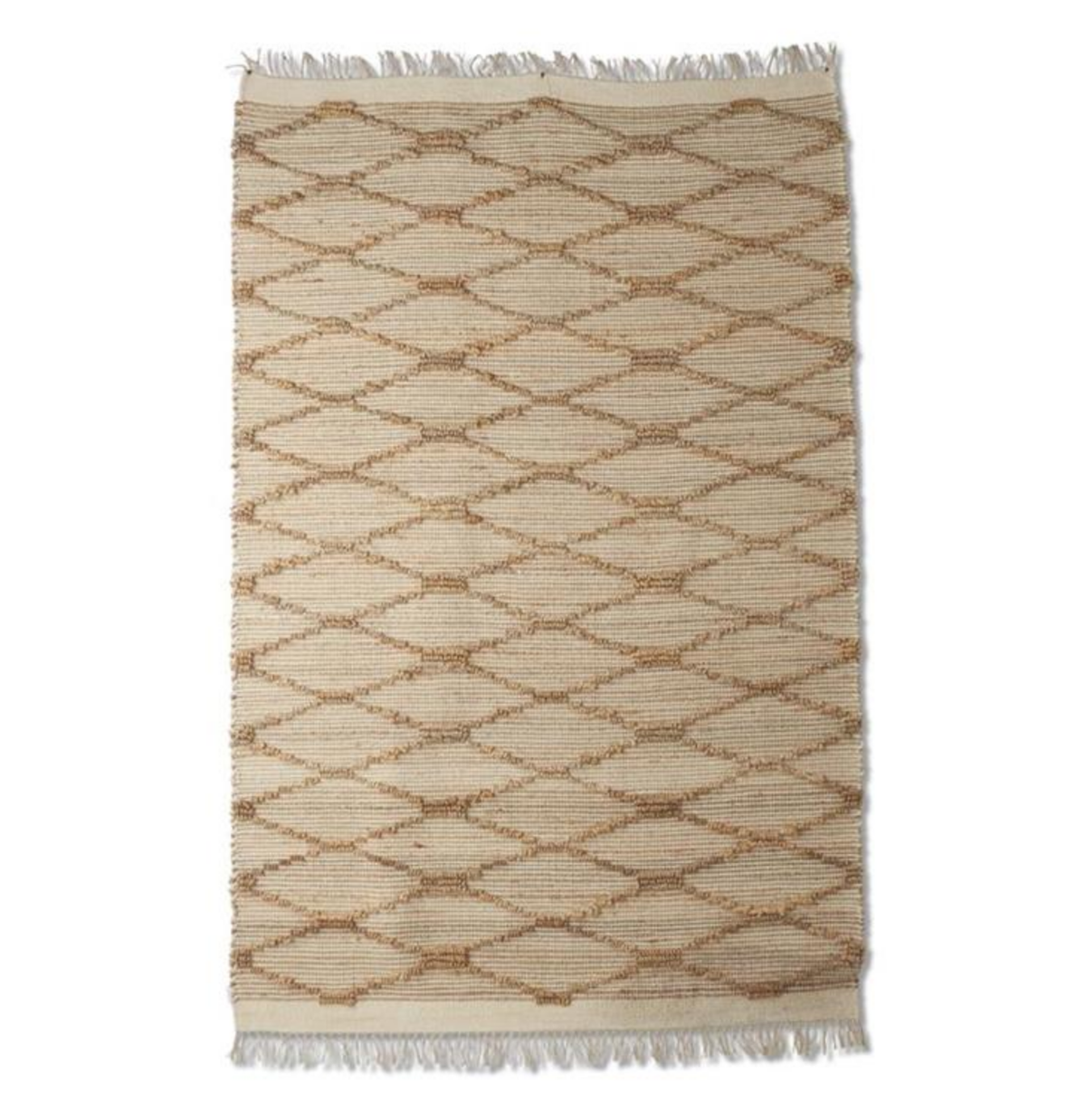 Tan Cotton & Jute Diamond Shuttle Handwoven Rug w/Fringe (5x8)