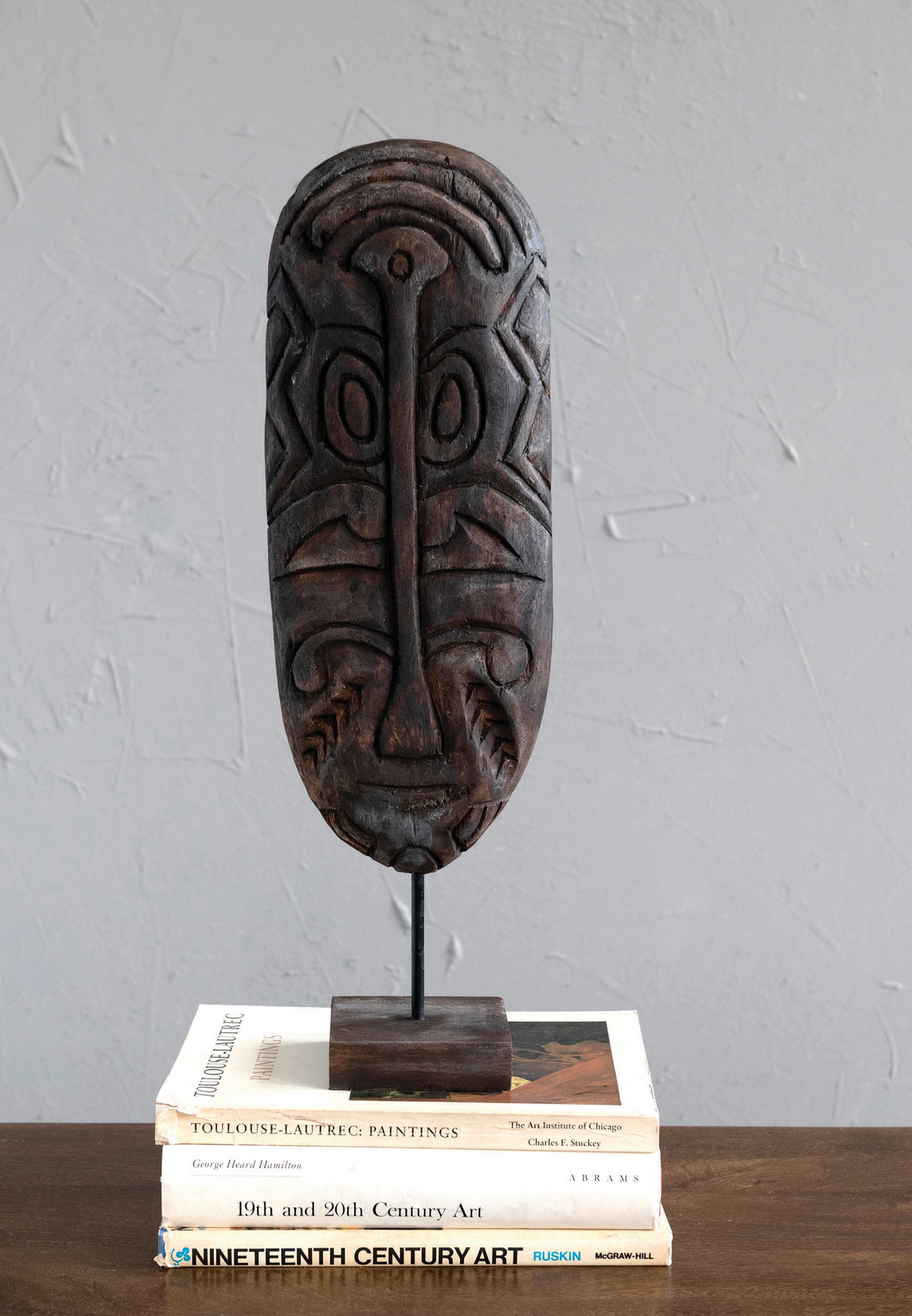 Hand-Carved Mango Wood Mask on Stand, Dark Finish — alternate view 2