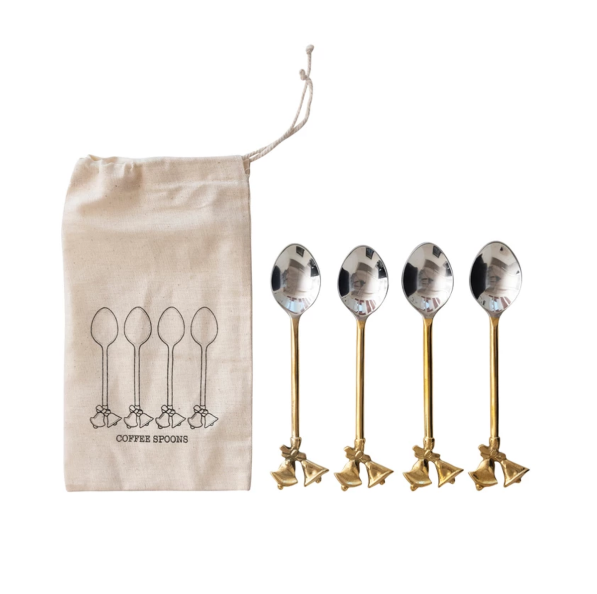 Stainless Steel and Brass Spoons, Set of 4 in Bag