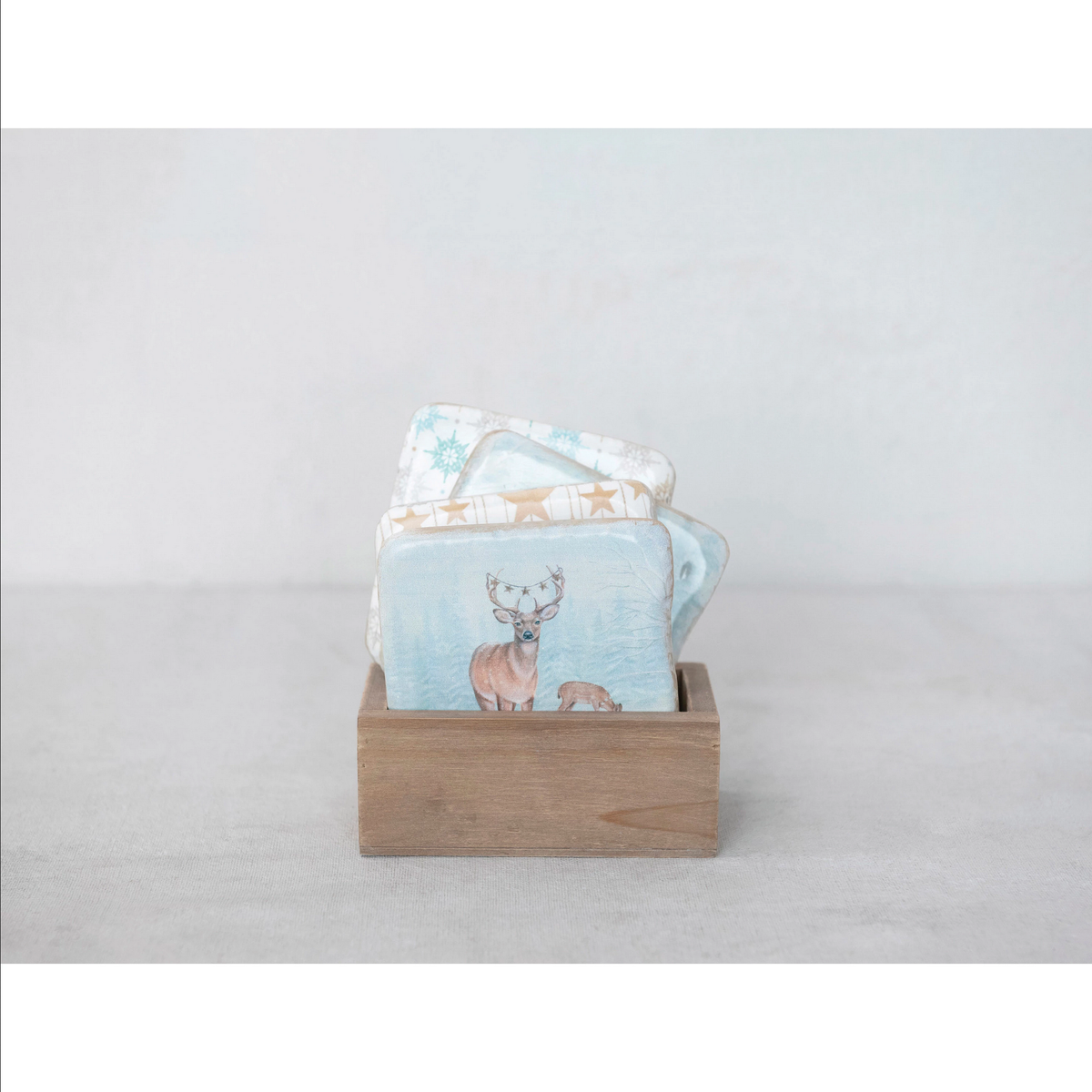 Square Resin Coasters with Forest Animals and Patterns in Wood Box