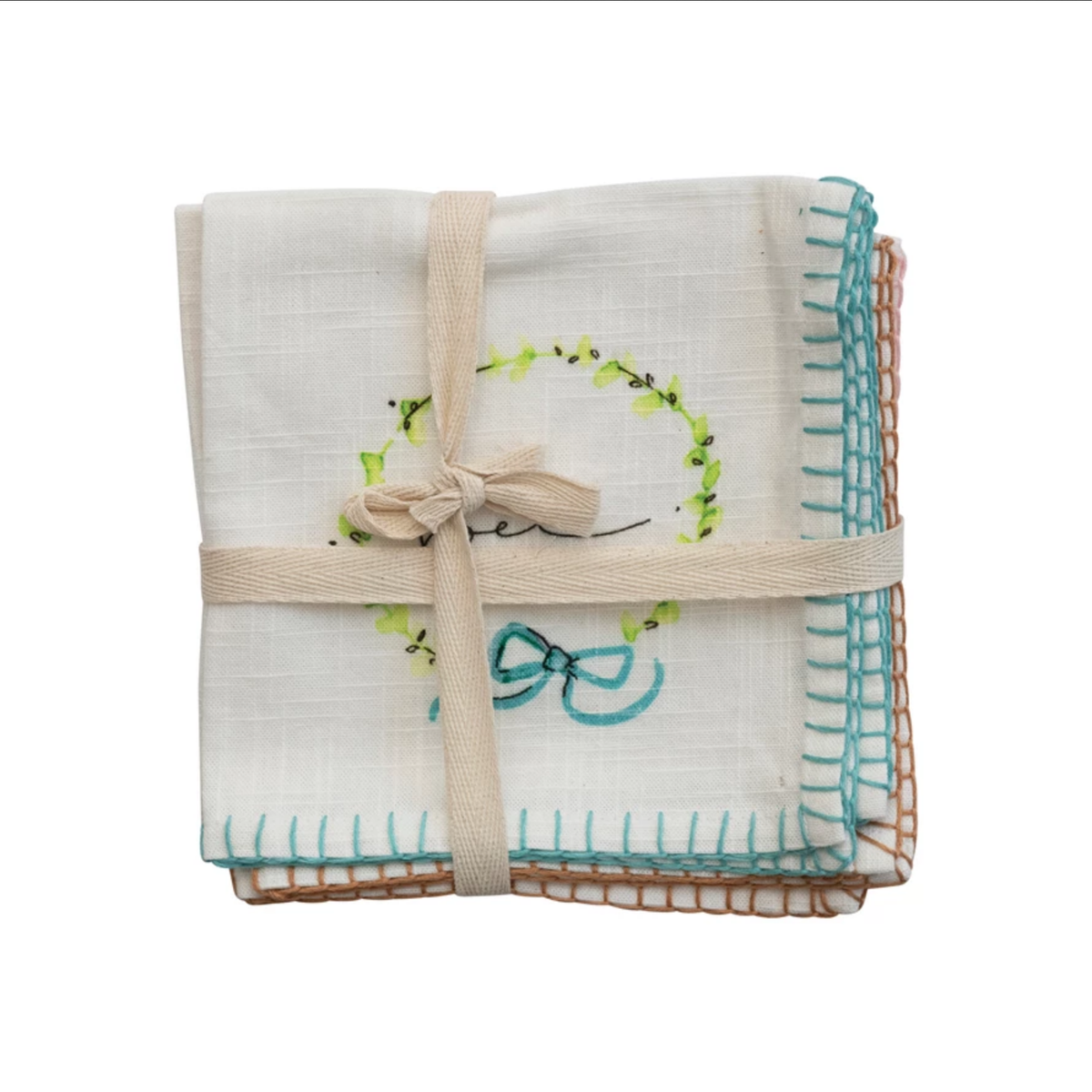 Cotton Napkins with Holiday Word, Wreath and Blanket Stitch, Set of 4 — alternate view 2
