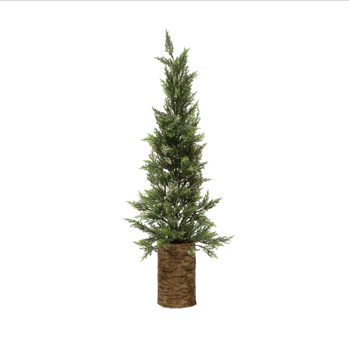 Faux Cypress Tree in Birch Bark Pot, Snow Finish