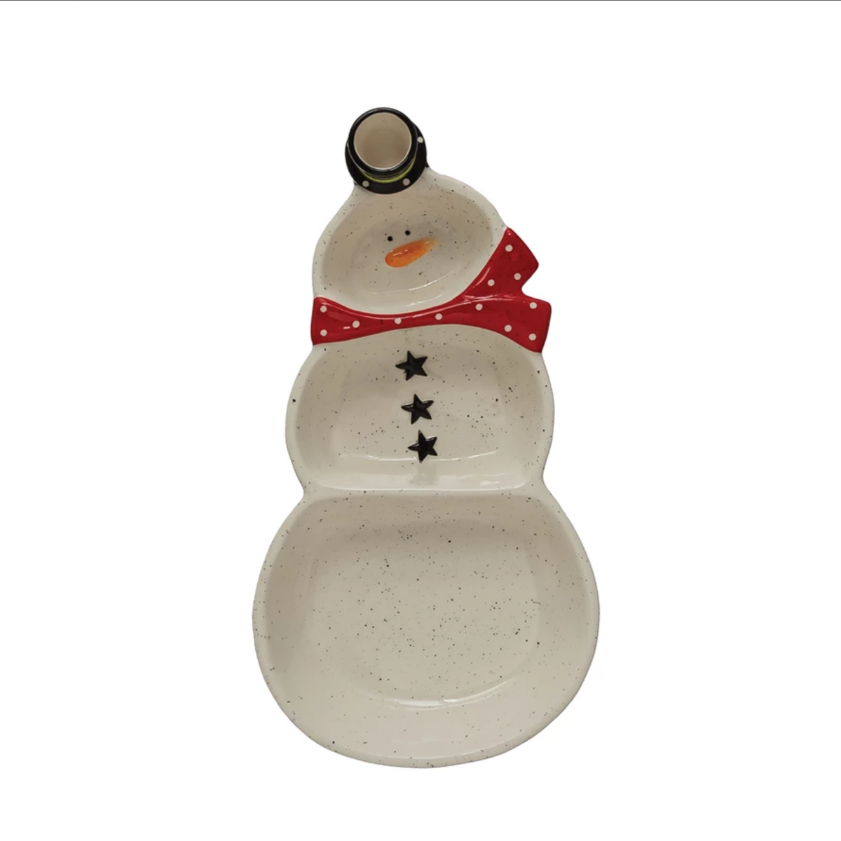 Stoneware Snowman Dish with Top Hat Toothpick Holder and 3 Sections