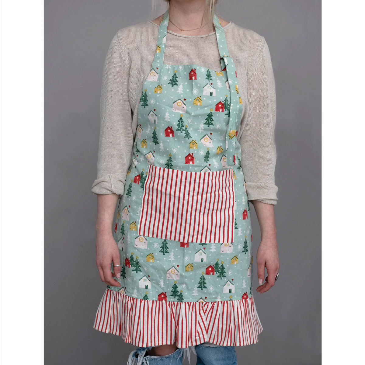 Cotton Apron with Ruffle, Trees and Houses Print, Multi Color — alternate view 2