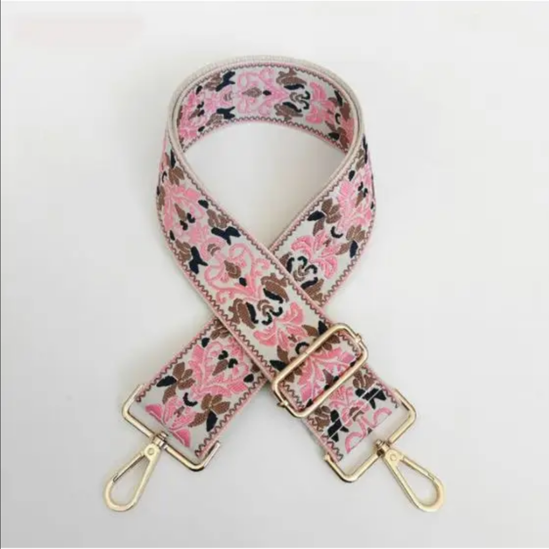 Pink and Camel Embroidered "Guitar" Bag Strap