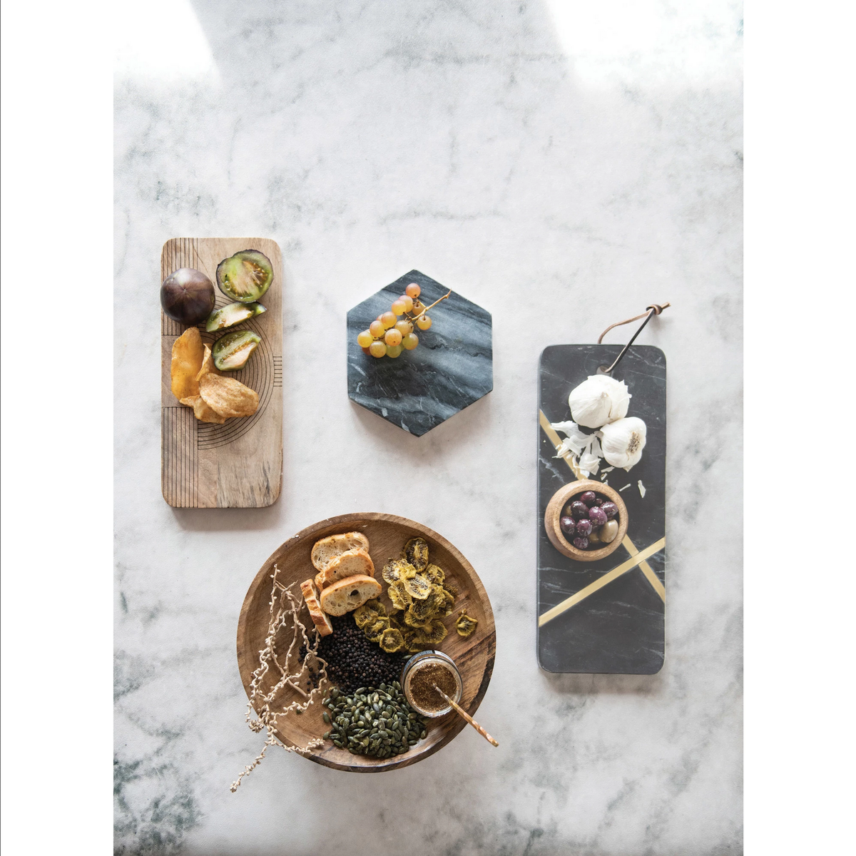 Marble Cutting Board with Brass Inlay, Leather Tie — alternate view 2
