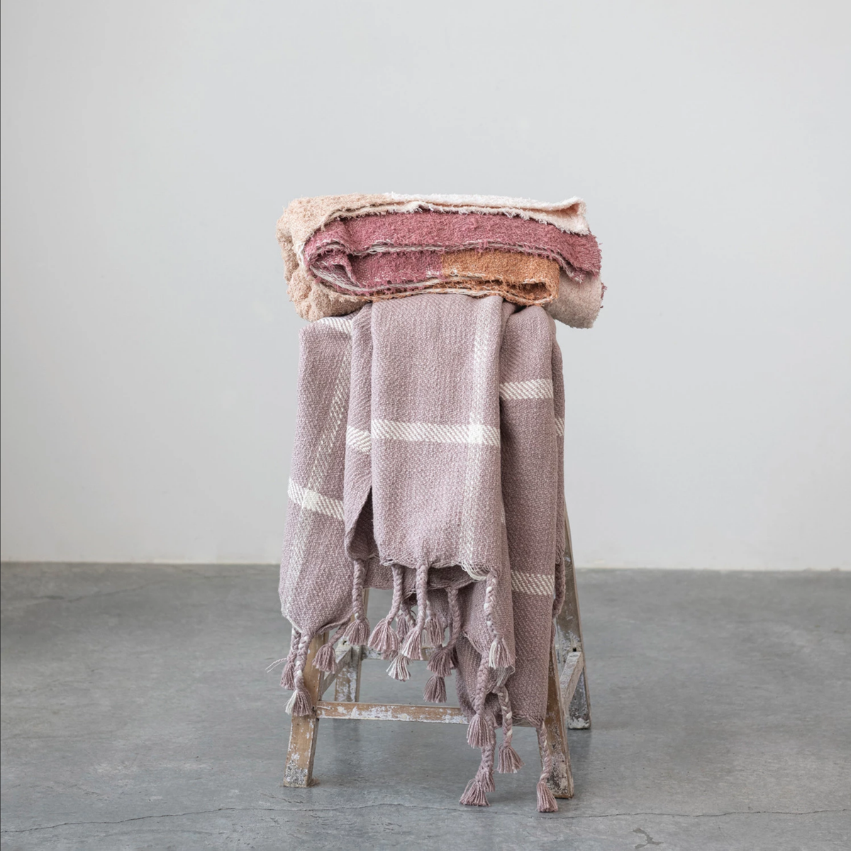 Woven Cotton Slub Throw w/ Grid Pattern & Braided Fringe, Lilac Color & White — alternate view 2