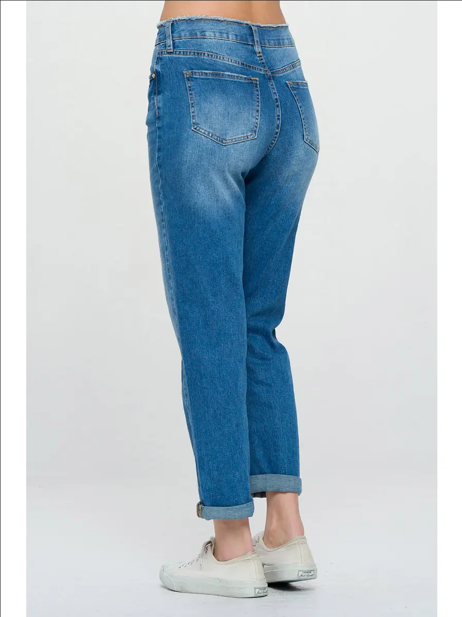 Medium Wash - High Rise Roll Up Boyfriend Jeans — alternate view 3