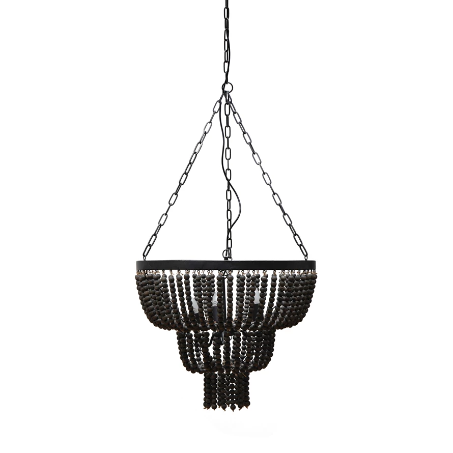 Metal & Wood Pendant Lamp w/ Wood Beads, 3 Bulbs, 6' Chain & 10' Cord, Black — alternate view 4